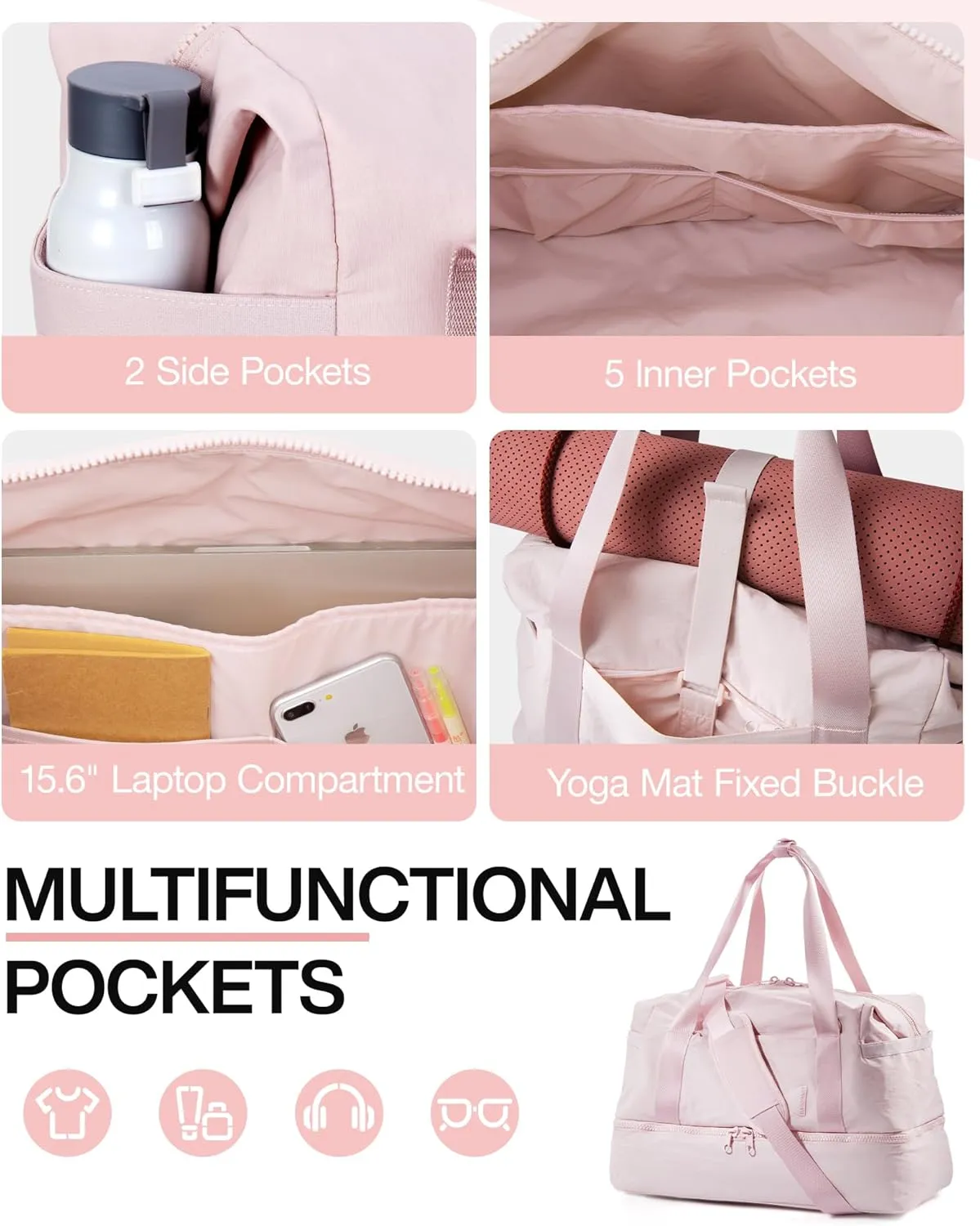Weekender Bags for Women, BAGSMART Travel Duffel Bags with Shoe Compartment,Personal Item Travel Bag for Airlines, Carry on Overnight Tote Bag with Toiletry Bag (Pink)