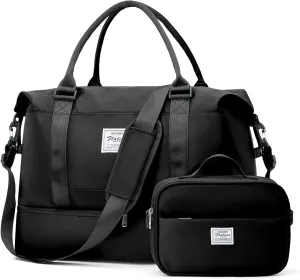 Weekender Bags for Women, Travel Duffel Bags with Shoe Compartment,Personal Item Travel Bag for Airlines, Carry on Overnight Tote Bag for women with Toiletry Bag, Black
