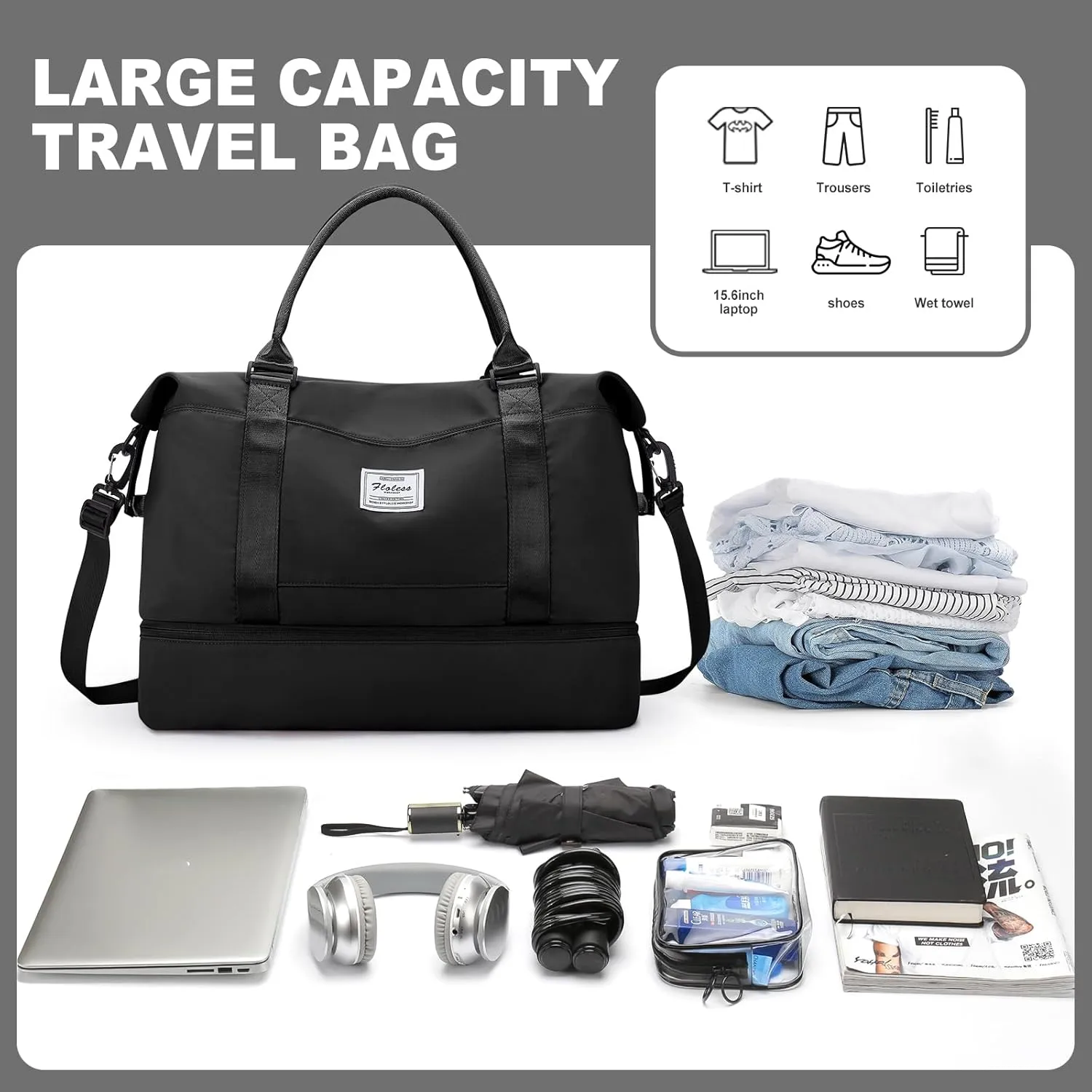 Weekender Bags for Women, Travel Duffel Bags with Shoe Compartment,Personal Item Travel Bag for Airlines, Carry on Overnight Tote Bag for women with Toiletry Bag, Black