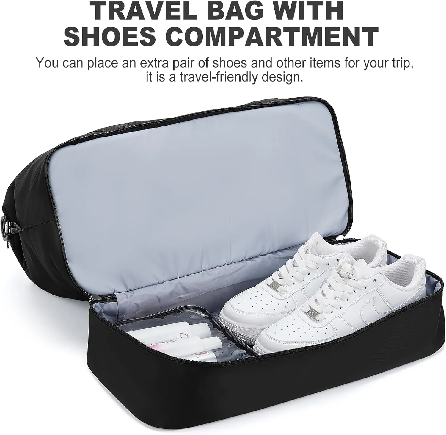 Weekender Bags for Women, Travel Duffel Bags with Shoe Compartment,Personal Item Travel Bag for Airlines, Carry on Overnight Tote Bag for women with Toiletry Bag, Black