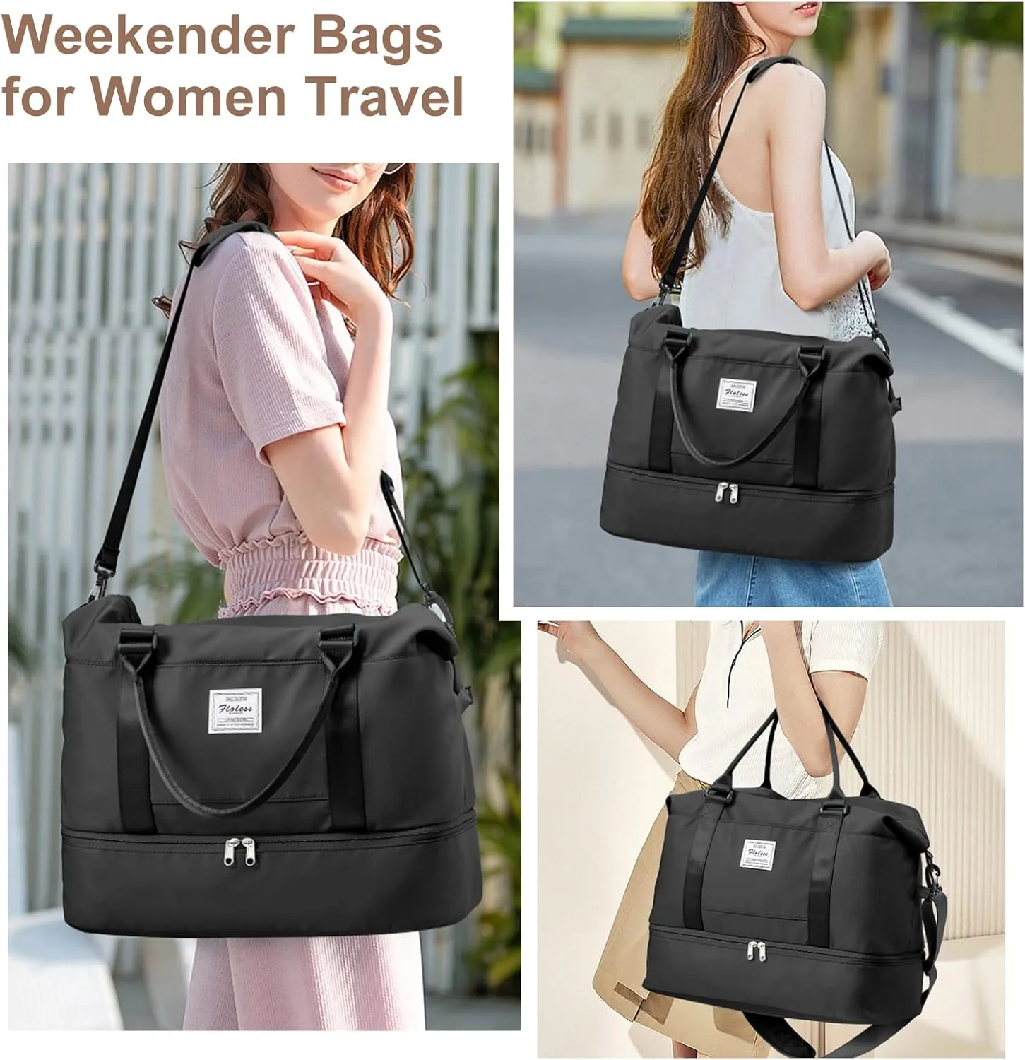 Weekender Bags for Women, Travel Duffel Bags with Shoe Compartment,Personal Item Travel Bag for Airlines, Carry on Overnight Tote Bag for women with Toiletry Bag, Black