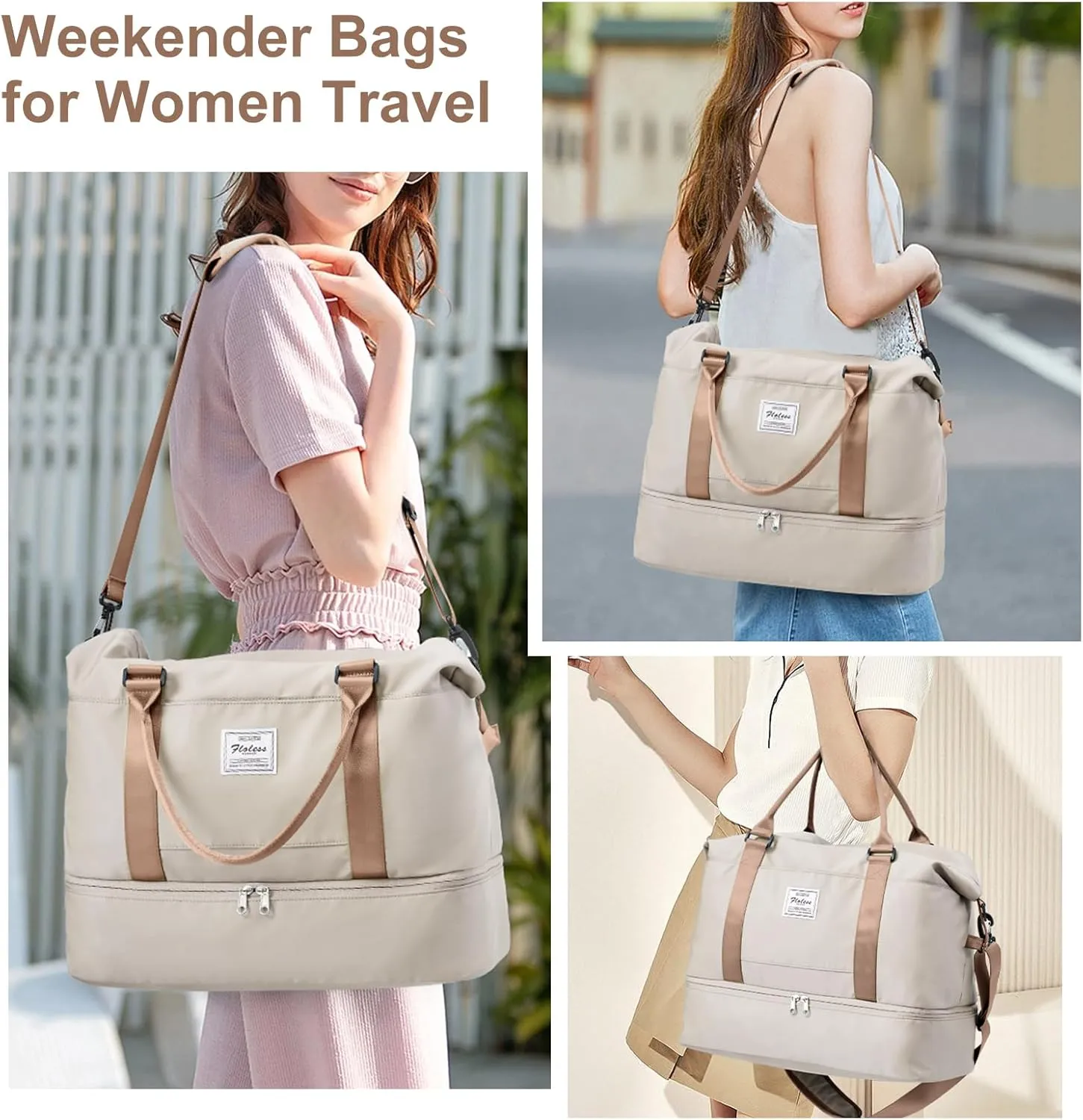 Weekender Bags for Women, Travel Duffel Bags with Shoe Compartment,Personal Item Travel Bag for Airlines, Carry on Overnight Tote Bag for women with Toiletry Bag，Beige&Brown