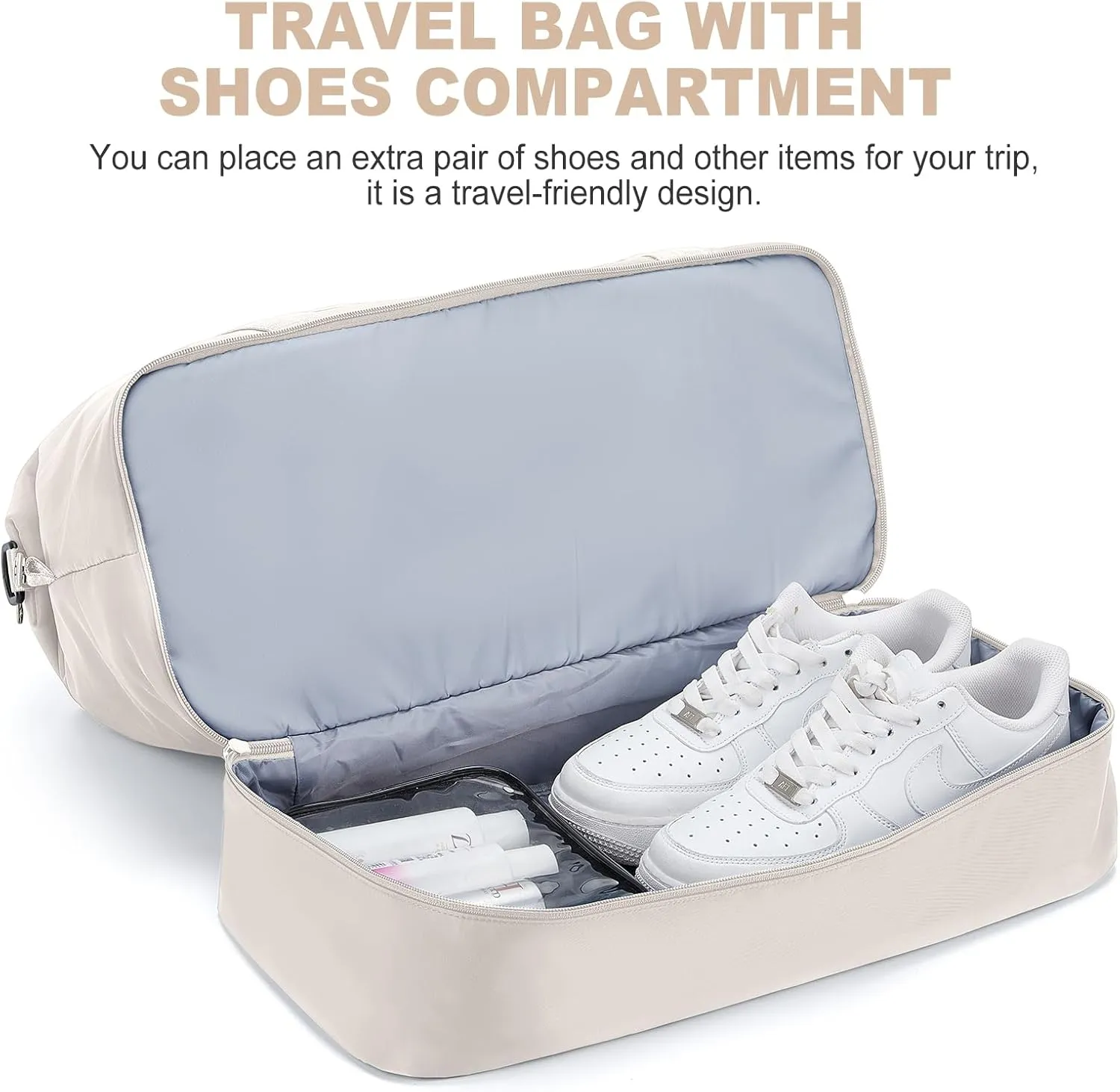 Weekender Bags for Women, Travel Duffel Bags with Shoe Compartment,Personal Item Travel Bag for Airlines, Carry on Overnight Tote Bag for women with Toiletry Bag，Beige&Brown