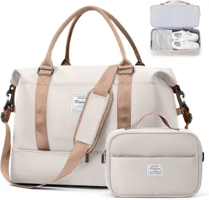 Weekender Bags for Women, Travel Duffel Bags with Shoe Compartment,Personal Item Travel Bag for Airlines, Carry on Overnight Tote Bag for women with Toiletry Bag，Beige&Brown
