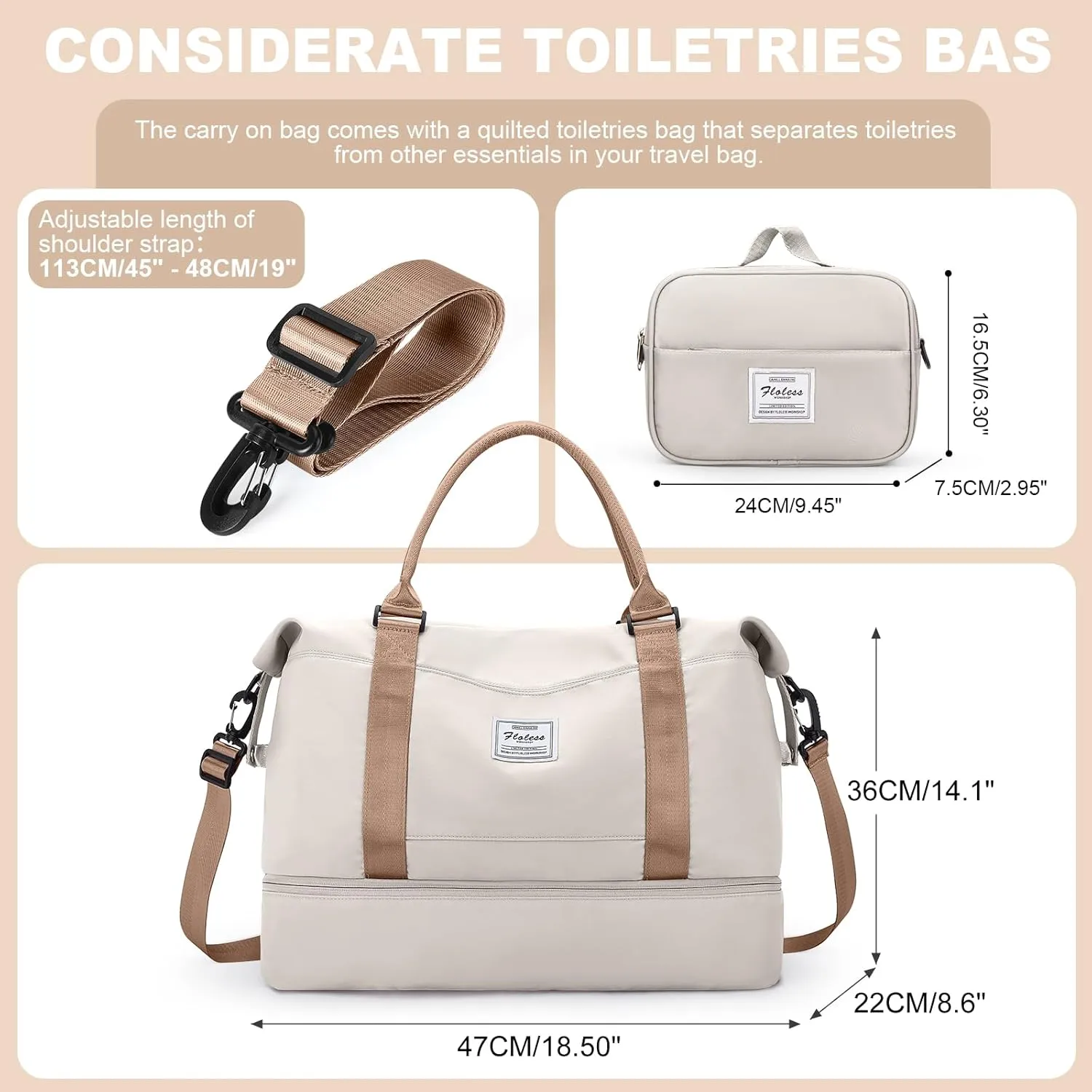 Weekender Bags for Women, Travel Duffel Bags with Shoe Compartment,Personal Item Travel Bag for Airlines, Carry on Overnight Tote Bag for women with Toiletry Bag，Beige&Brown