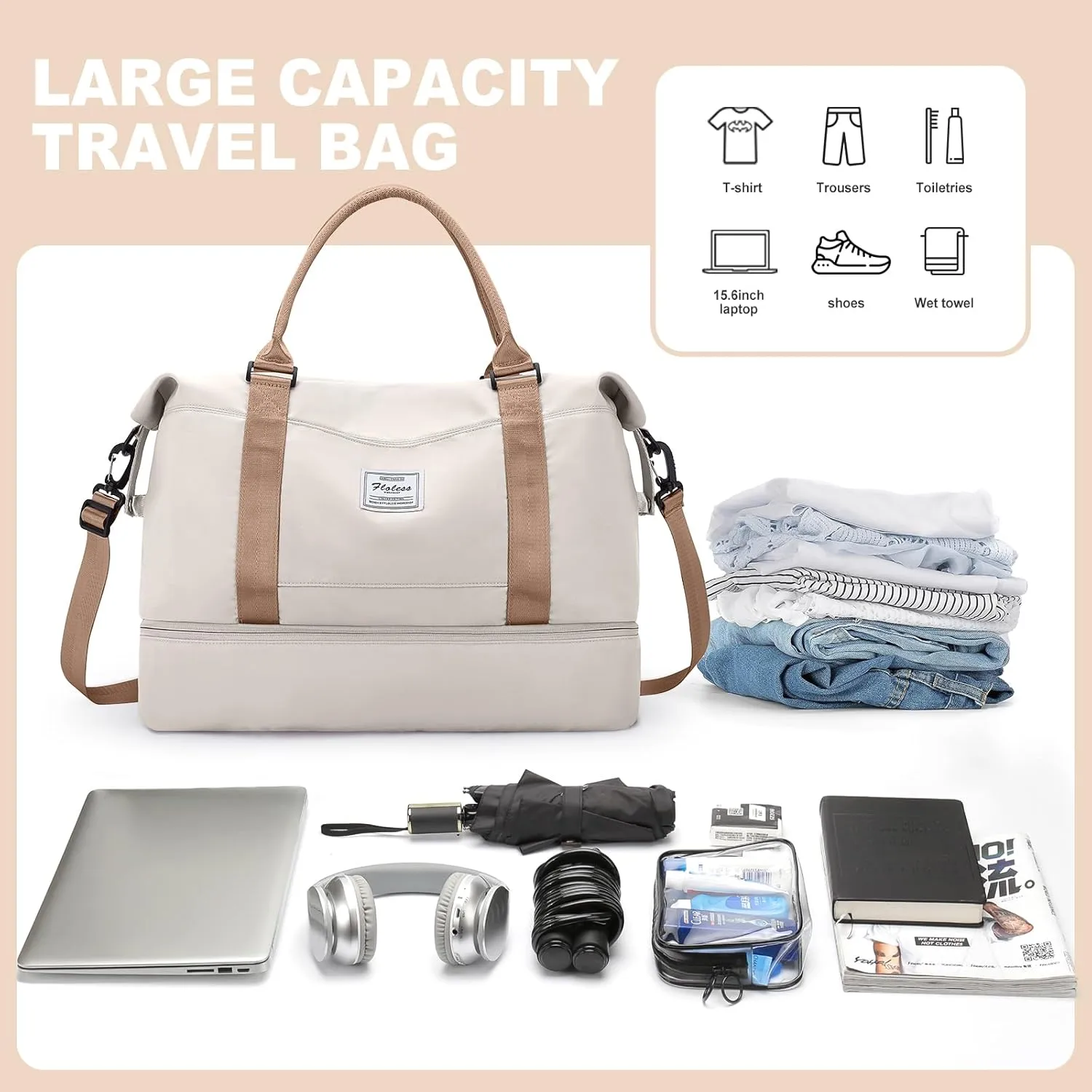 Weekender Bags for Women, Travel Duffel Bags with Shoe Compartment,Personal Item Travel Bag for Airlines, Carry on Overnight Tote Bag for women with Toiletry Bag，Beige&Brown