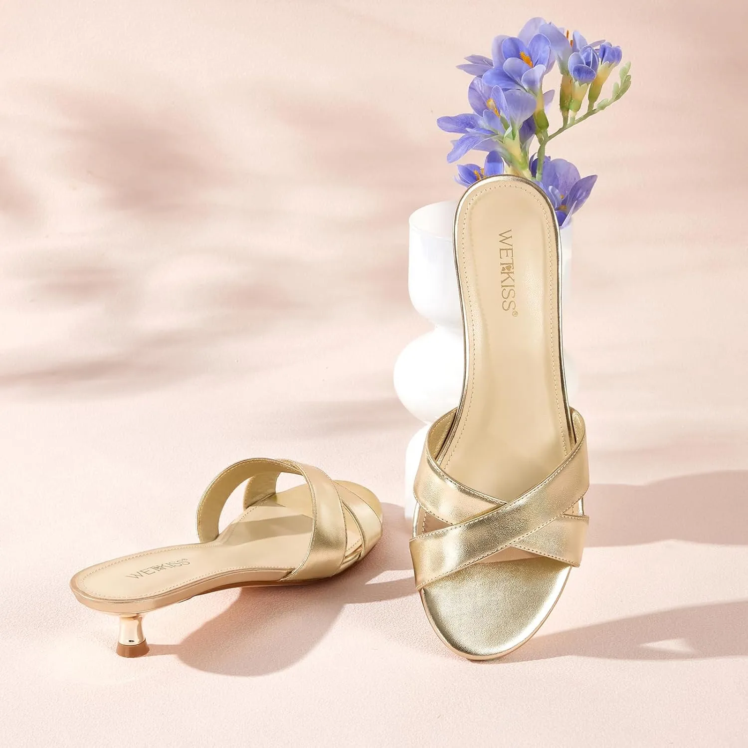 wetkiss Womens Heeled Sandals Open Round Toe Slip on Kitten Heel Mules Low Heel Slide Sandals for Women Cross Strap Backless Mule Flats Comfortable Summer Dress Heels