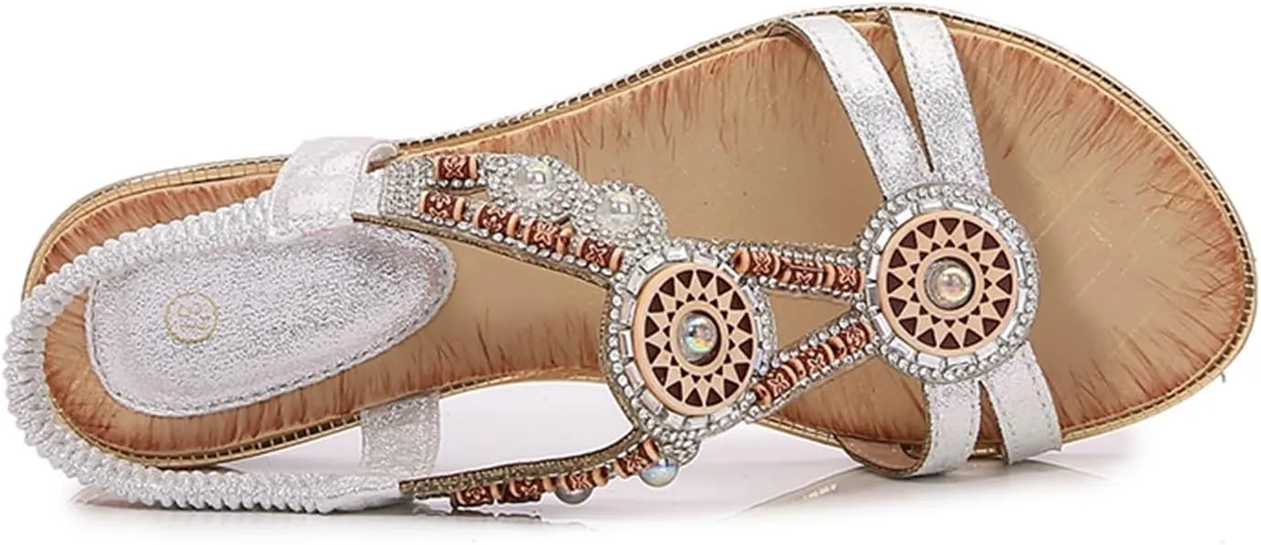 Women's Comfort Dressy Rhinestone Summer Beach Sandals Slip-on Flat Walking Sandals with Elastic Back Strap