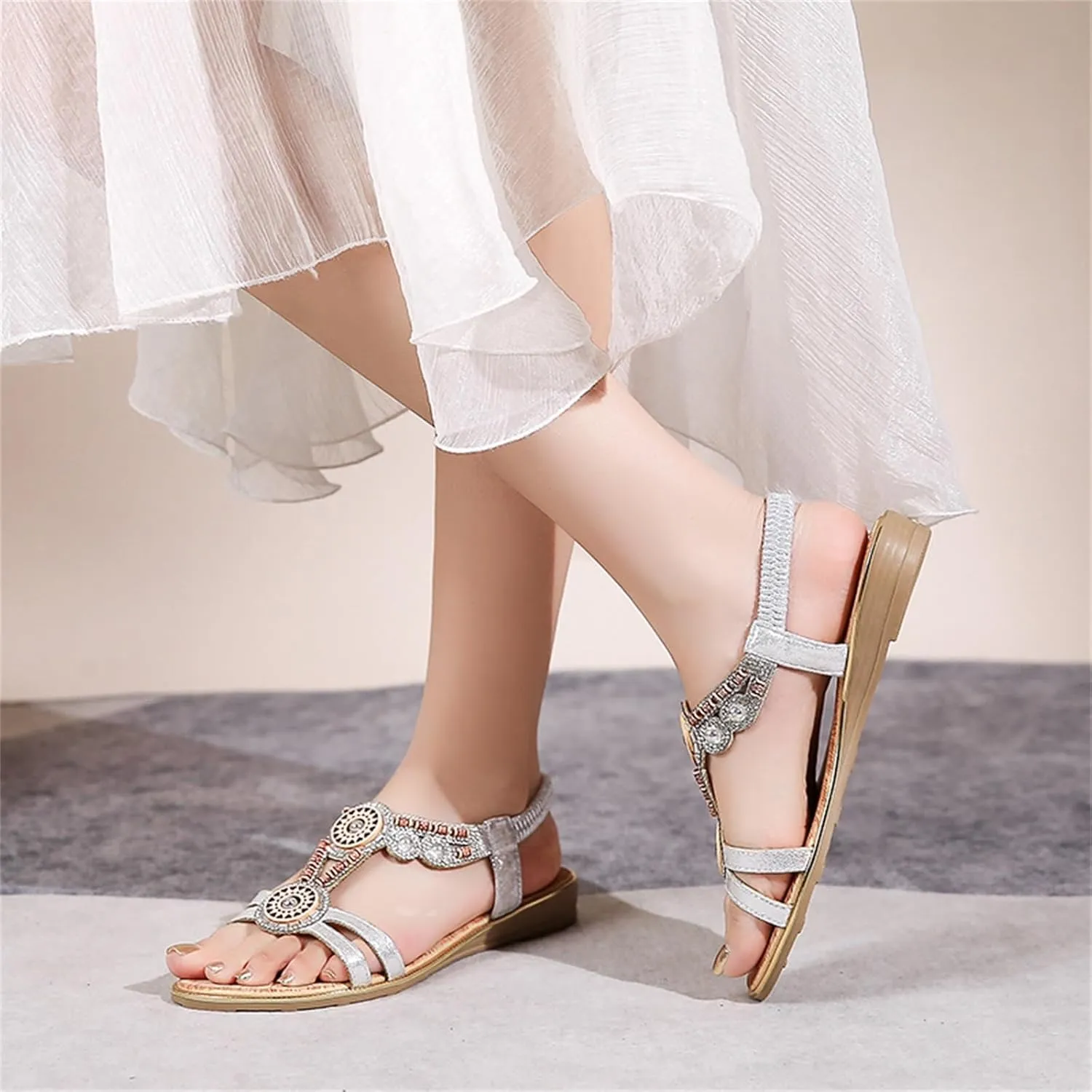 Women's Comfort Dressy Rhinestone Summer Beach Sandals Slip-on Flat Walking Sandals with Elastic Back Strap