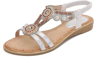 Women's Comfort Dressy Rhinestone Summer Beach Sandals Slip-on Flat Walking Sandals with Elastic Back Strap