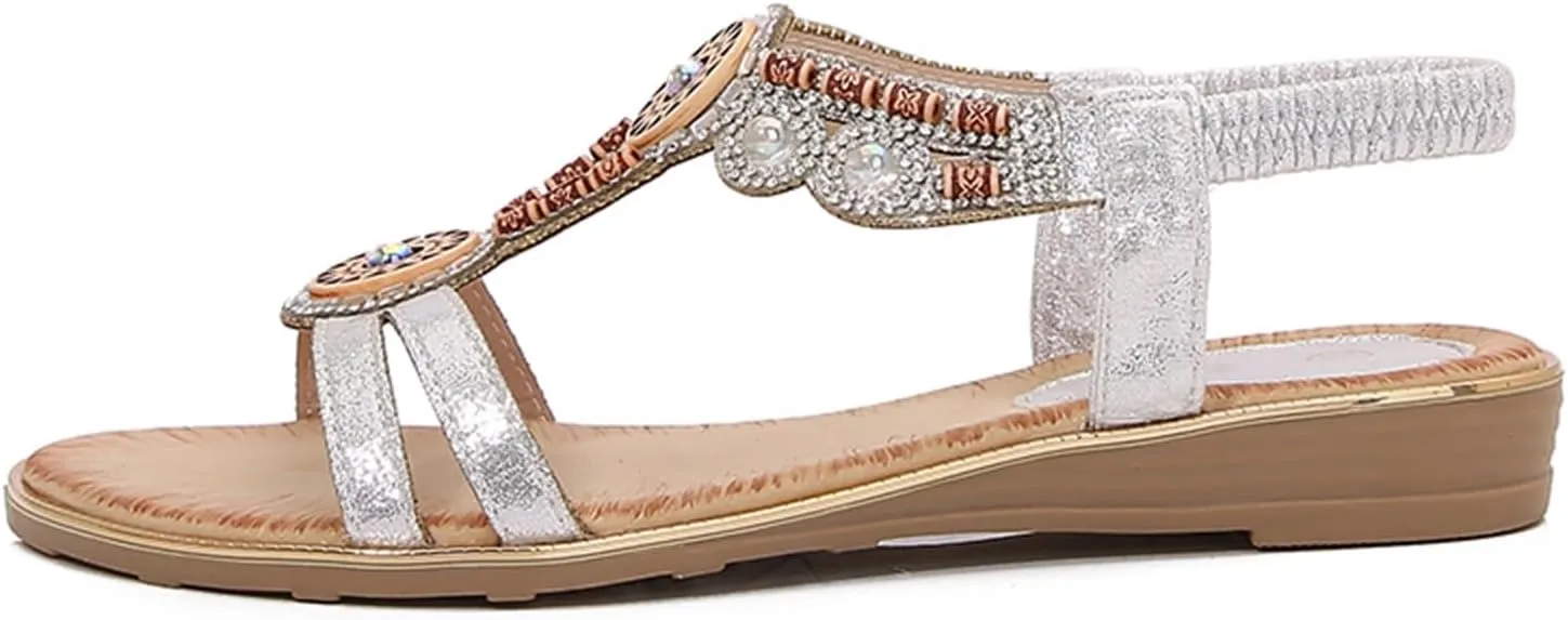 Women's Comfort Dressy Rhinestone Summer Beach Sandals Slip-on Flat Walking Sandals with Elastic Back Strap