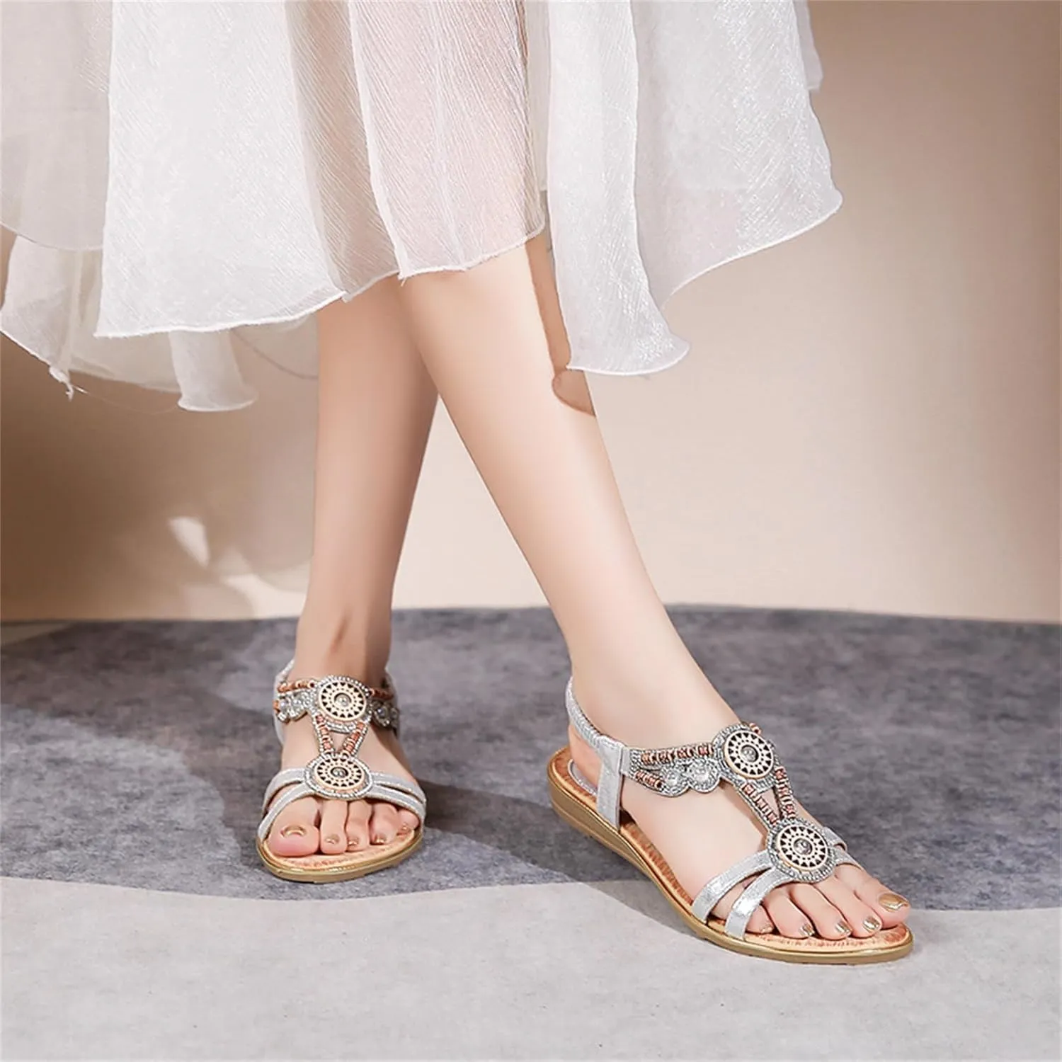 Women's Comfort Dressy Rhinestone Summer Beach Sandals Slip-on Flat Walking Sandals with Elastic Back Strap