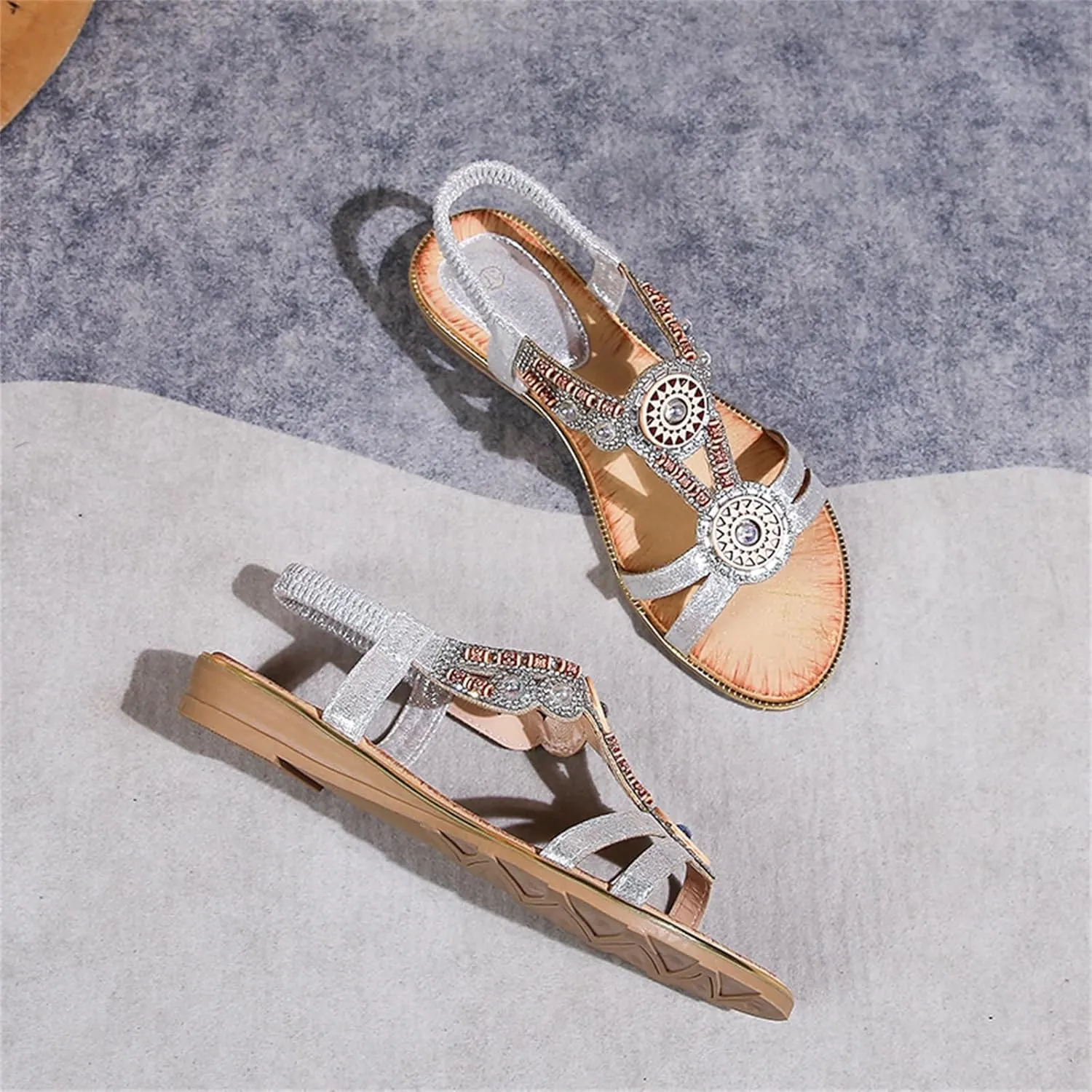 Women's Comfort Dressy Rhinestone Summer Beach Sandals Slip-on Flat Walking Sandals with Elastic Back Strap