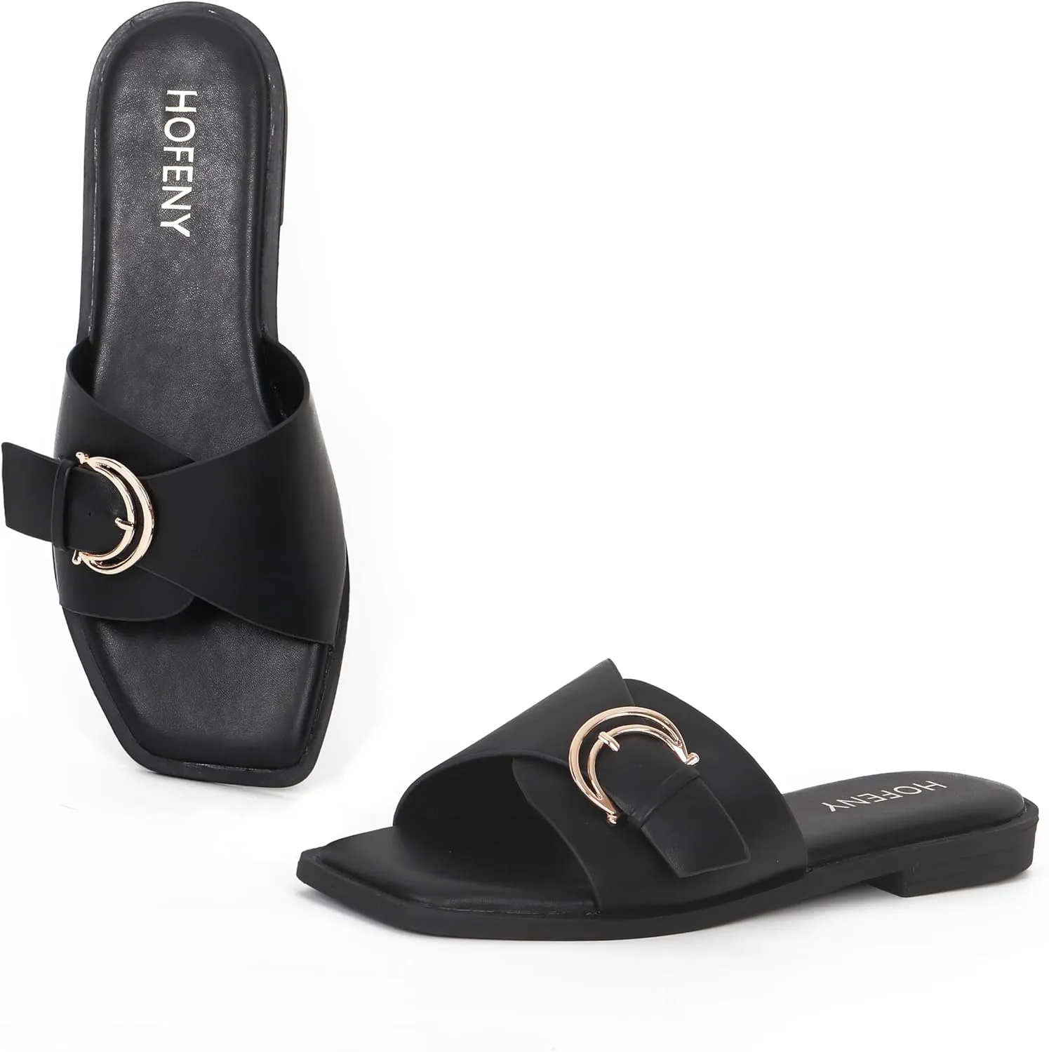 Womens Flat Sandals Round Open Toe Slip On Leather Slides for Summer