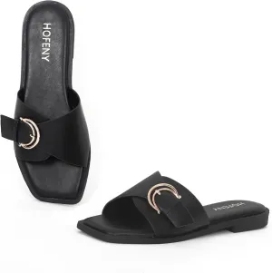 Womens Flat Sandals Round Open Toe Slip On Leather Slides for Summer