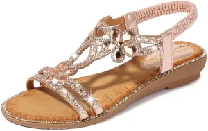 Women's Flat Sandals Summer Beach Sandal T-Strap Rhinestone Beaded Bohemia Shoes