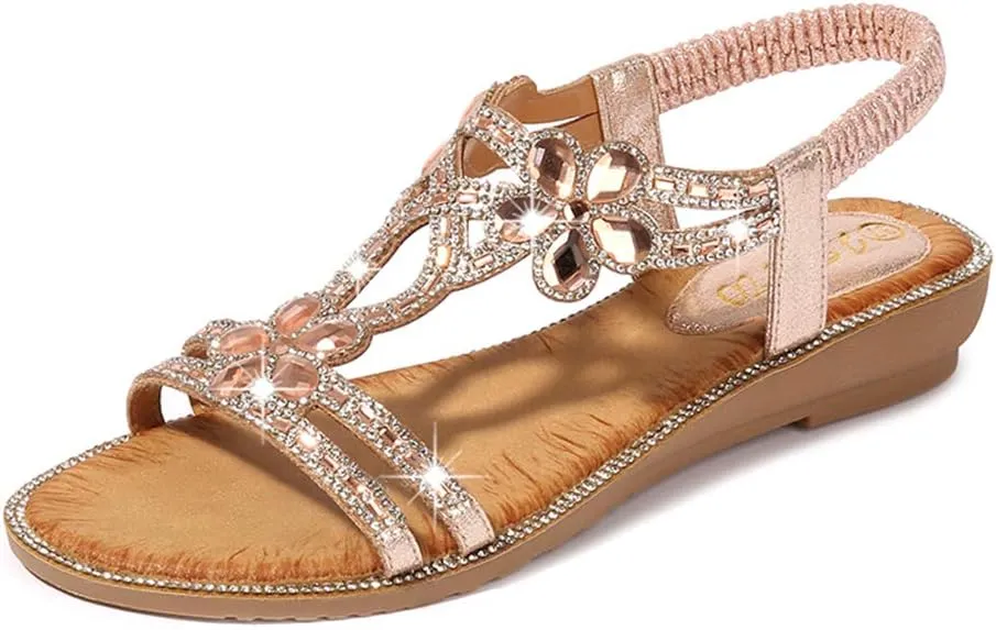 Women's Flat Sandals Summer Beach Sandal T-Strap Rhinestone Beaded Bohemia Shoes