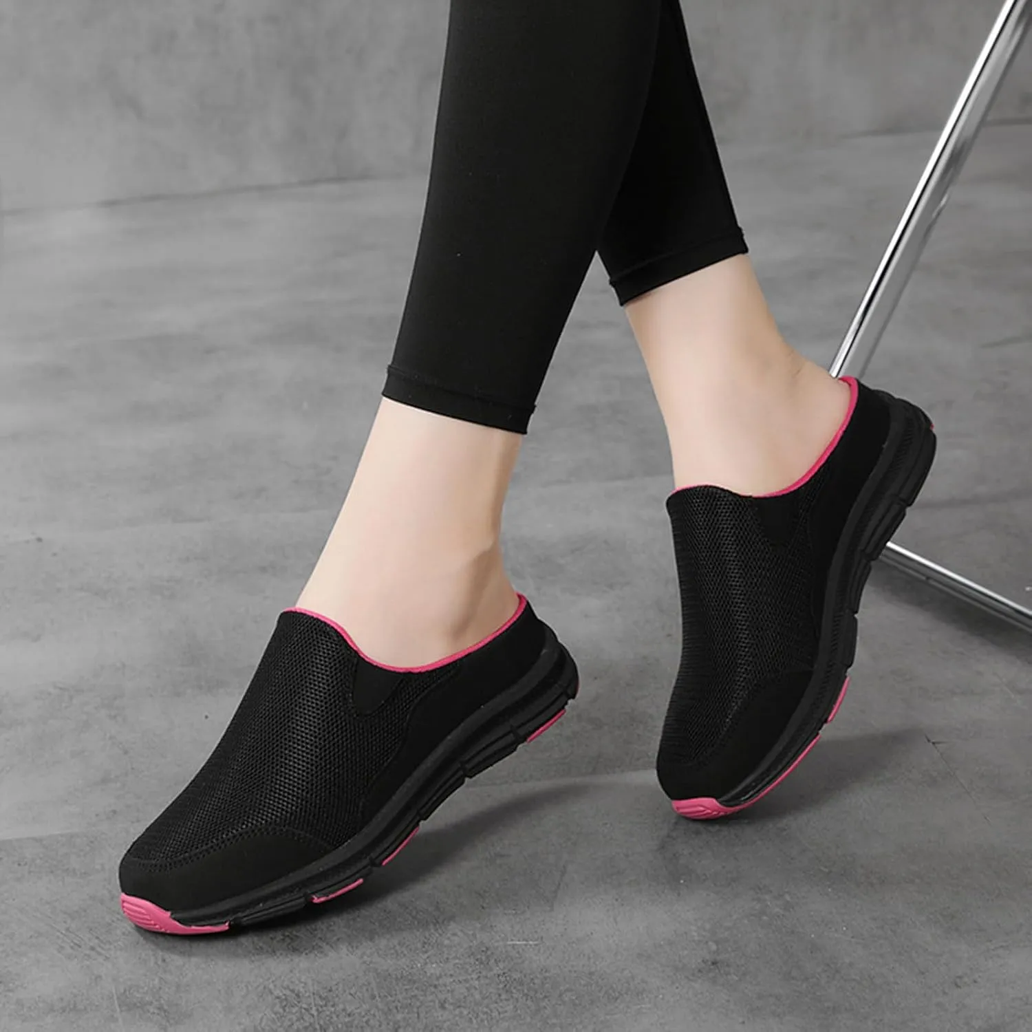 Women's Knitted Breathable Lightweight Slip-On Sports Mules Comfortable Non-Slip Backless Walking Shoes for Hiking House Traveling
