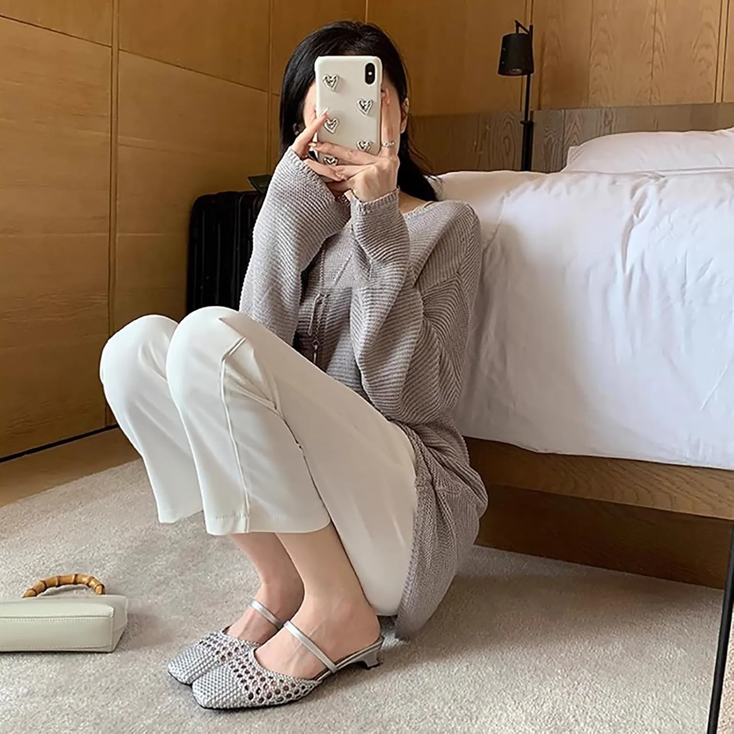 Women's Leather Hollow Out Low Block Heel Mules Slip-On Fashion Braided Square Closed Toe Comfortable Chunky Heel Dress Sandals for Wedding Party Dating Work