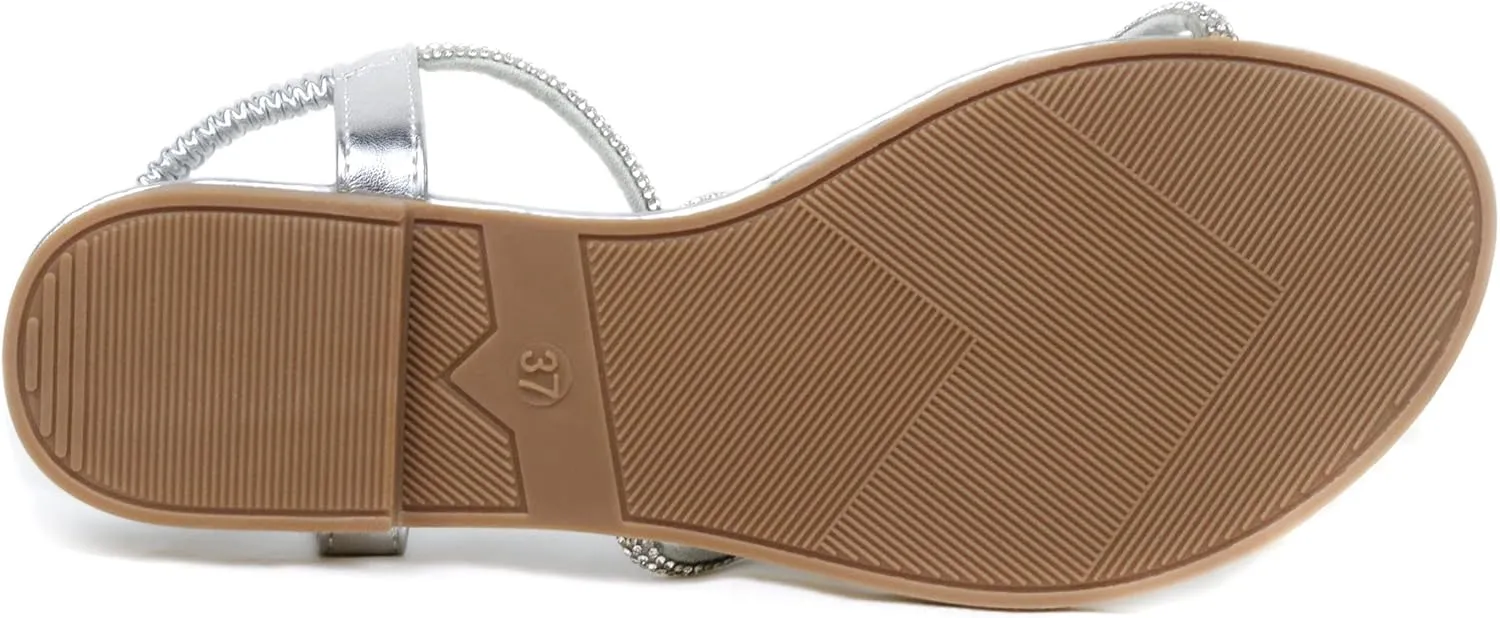 Women's Rhinestone Thong Flats Sandals, Clip Toe Elastic T-Strap Bohemia Dressy Sandals for Women