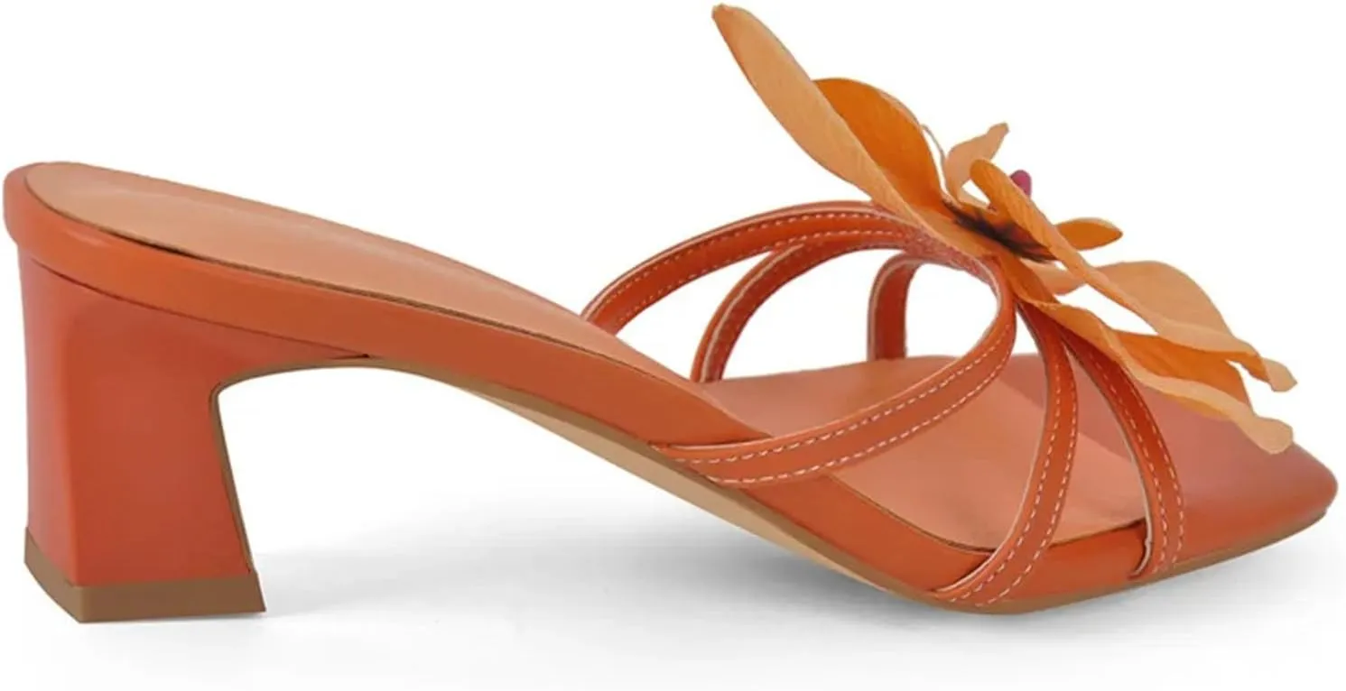 Women's Square Toe Orchid Mules - Slip On 5cm Thin Heel Sandals