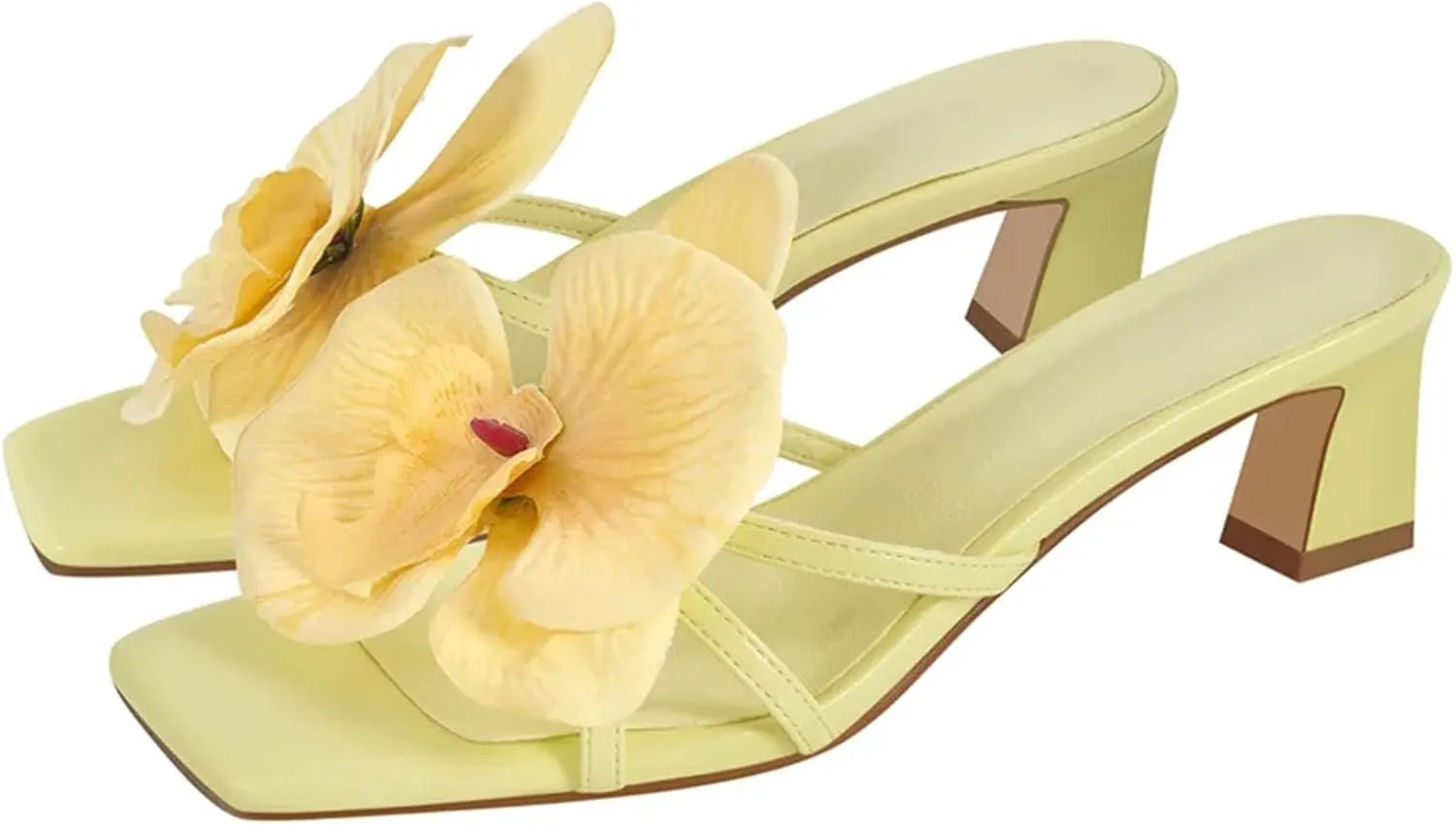 Women's Square Toe Orchid Mules - Slip On 5cm Thin Heel Sandals