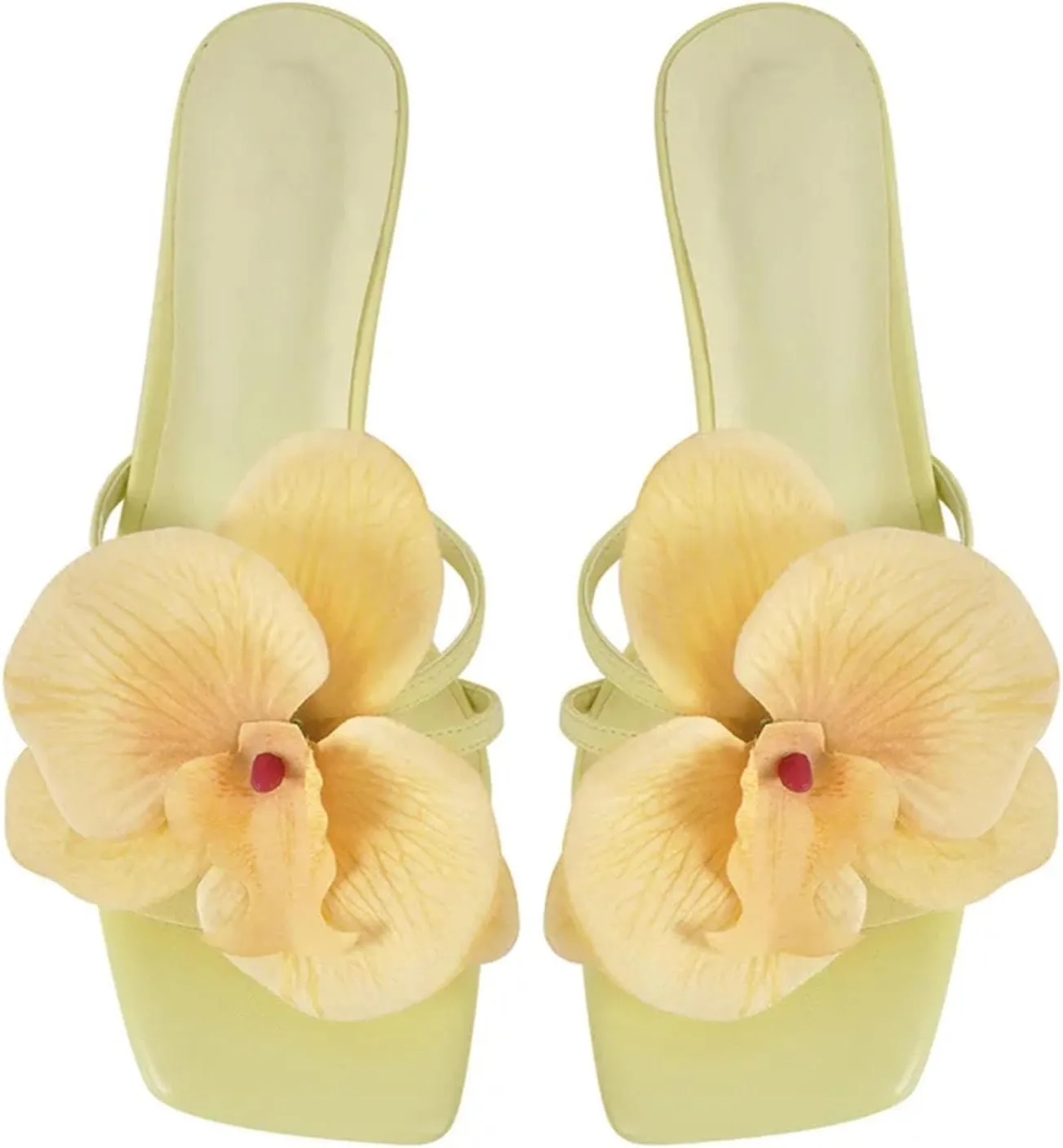 Women's Square Toe Orchid Mules - Slip On 5cm Thin Heel Sandals