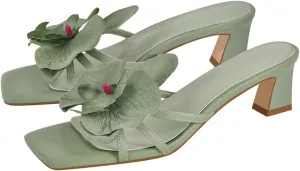 Women's Square Toe Orchid Mules - Slip On 5cm Thin Heel Sandals