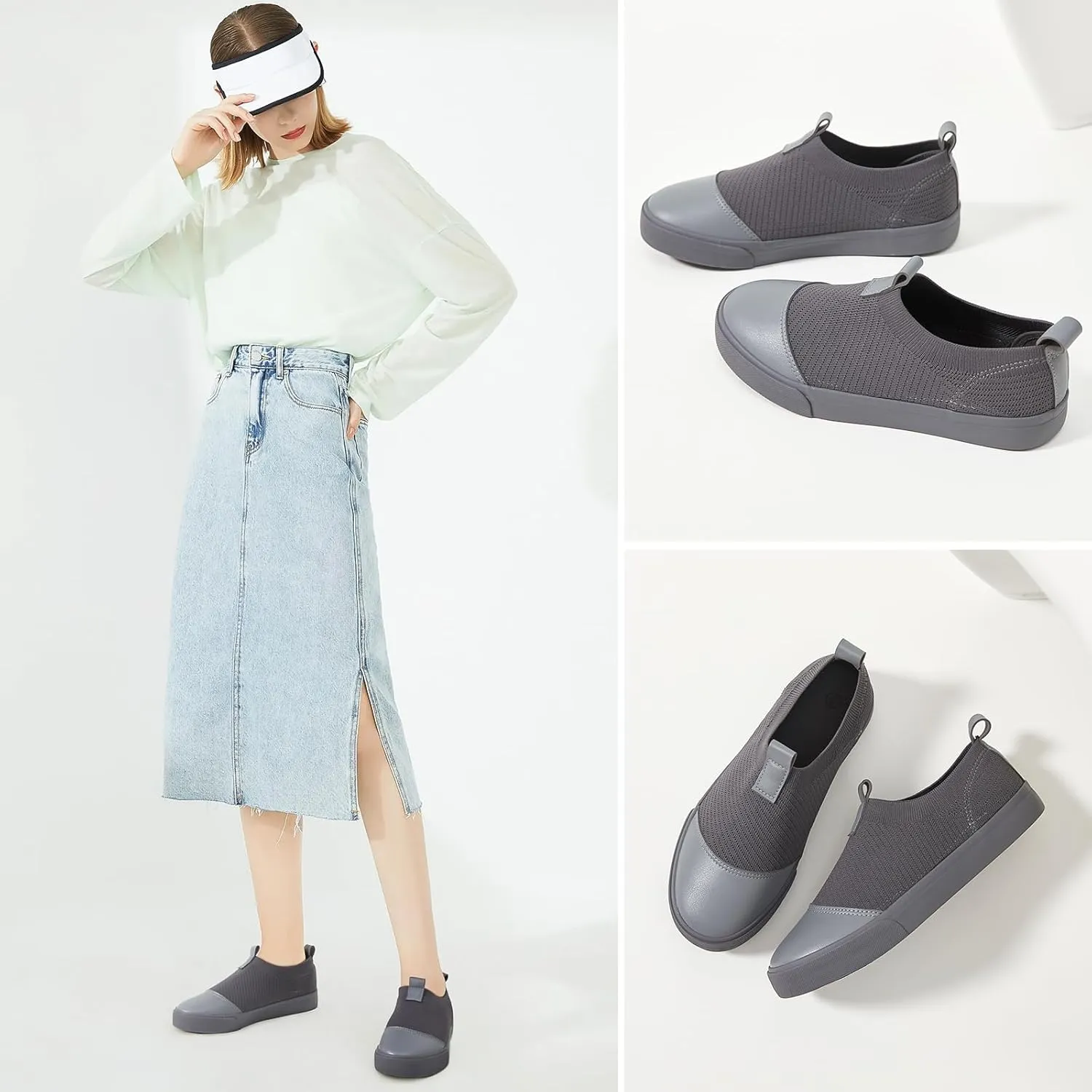 XRH Women's White Slip On Sneakers,Non Slip Women Fashion Work Shoes,Low top Casual Shoes