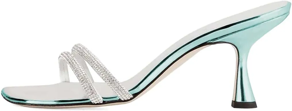 XYD Women Open Toe Slip On Mule Sandals Mid Kitten Heel Rhinestones Slide Slippers Summer Casual Outdoor Dress Shoes