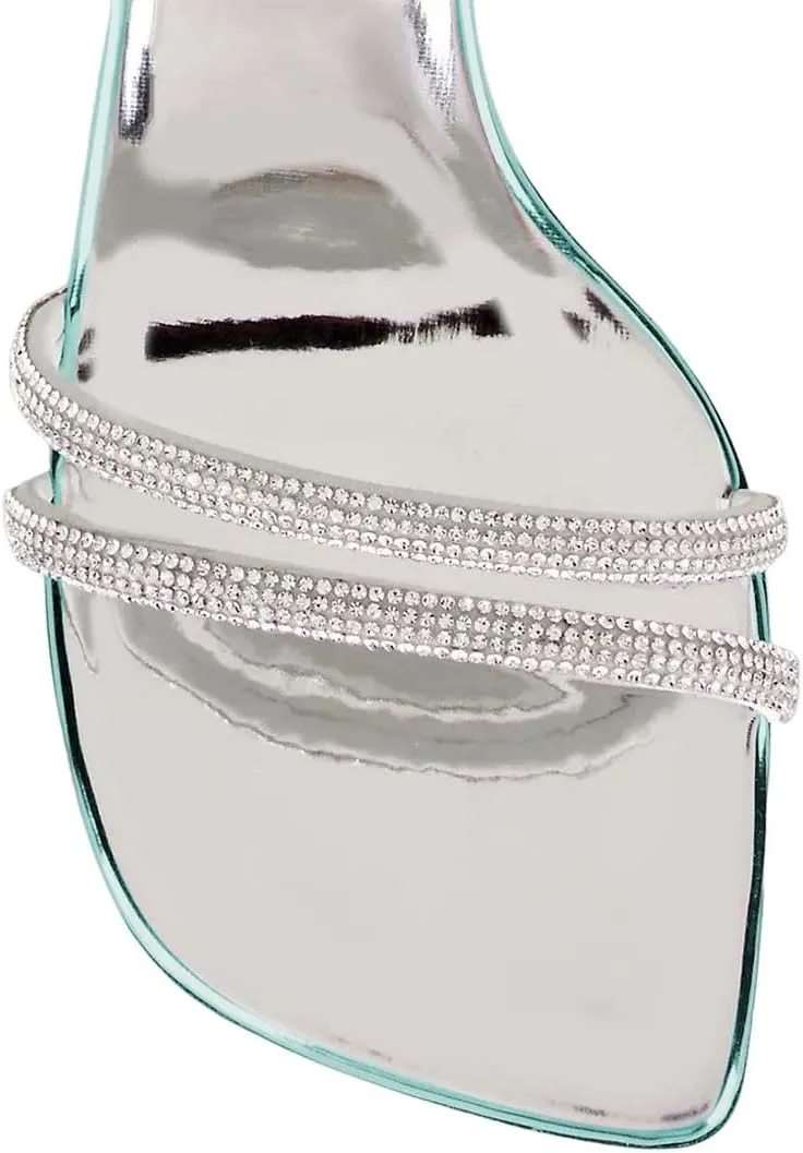 XYD Women Open Toe Slip On Mule Sandals Mid Kitten Heel Rhinestones Slide Slippers Summer Casual Outdoor Dress Shoes