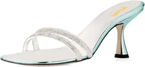 XYD Women Open Toe Slip On Mule Sandals Mid Kitten Heel Rhinestones Slide Slippers Summer Casual Outdoor Dress Shoes