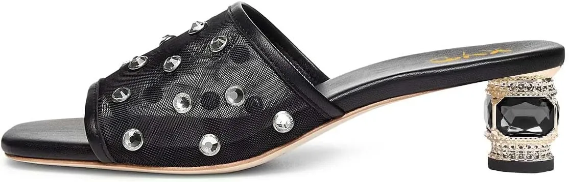 XYD Women Stylish Mesh Crystals Studded Mules Square Open Toe Slip On Chunky Low Heel Slides Resort Party Shoes