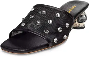 XYD Women Stylish Mesh Crystals Studded Mules Square Open Toe Slip On Chunky Low Heel Slides Resort Party Shoes