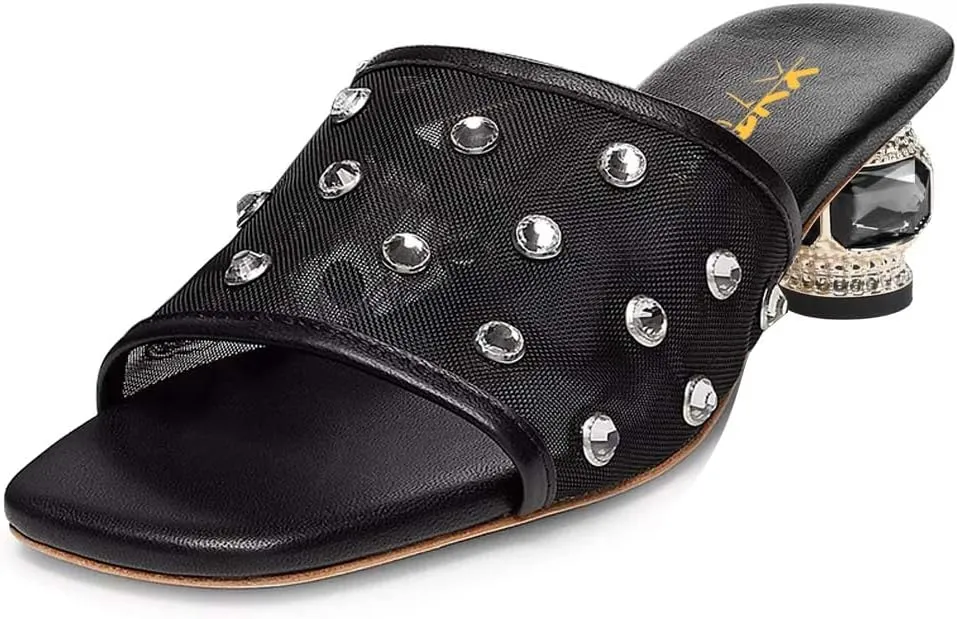 XYD Women Stylish Mesh Crystals Studded Mules Square Open Toe Slip On Chunky Low Heel Slides Resort Party Shoes