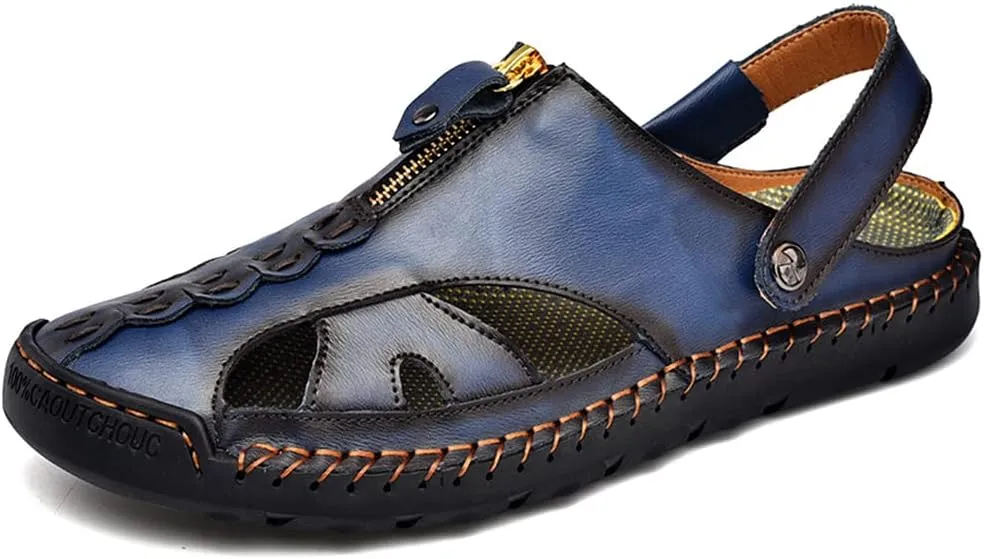 YING LAN Men's Casual Leather Fashion Sandals Closed Toe Outdoor Fisherman Hiking Shoes Lightweight Summer Water Shoes