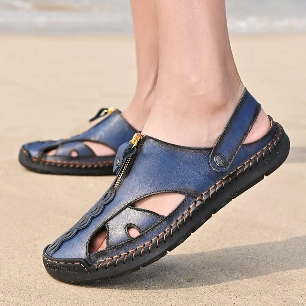 YING LAN Men's Casual Leather Fashion Sandals Closed Toe Outdoor Fisherman Hiking Shoes Lightweight Summer Water Shoes